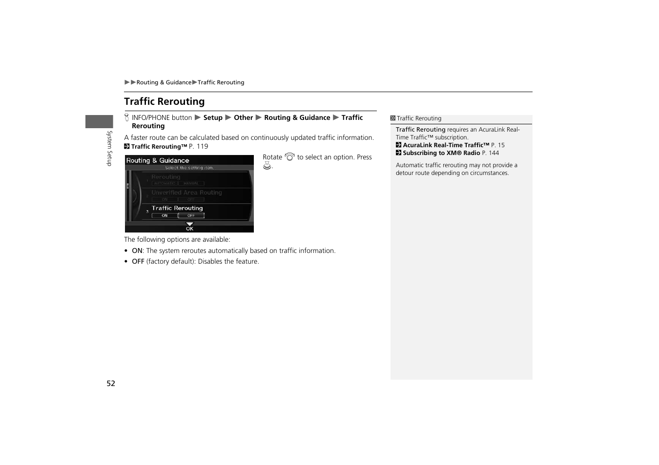 Traffic rerouting, 2 traffic rerouting, P. 52 | Acura 2014 TSX - Navigation Manual User Manual | Page 54 / 253