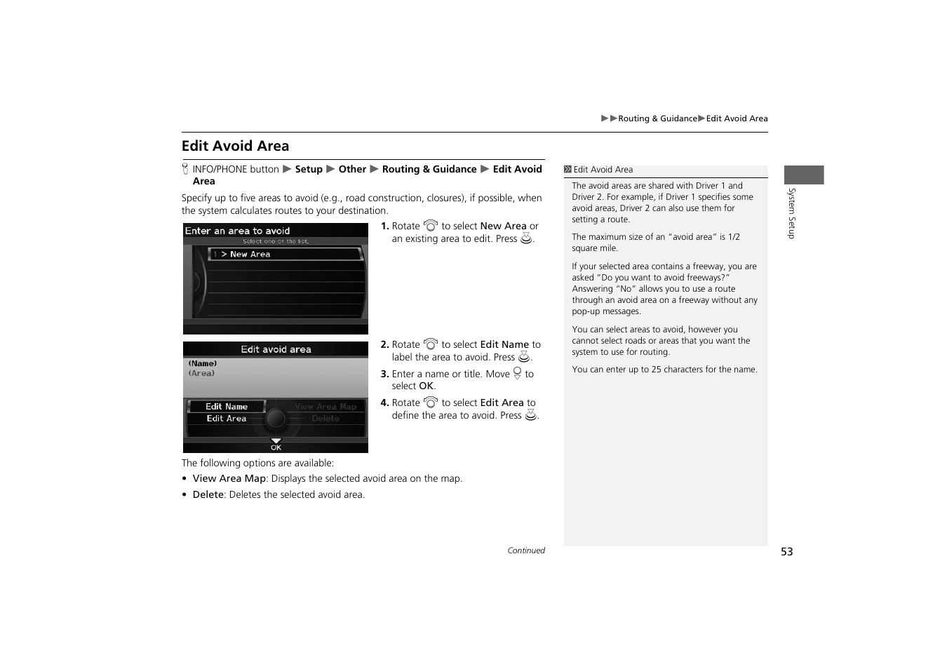 Edit avoid area, Route, 2 edit avoid area | P. 53 | Acura 2014 TSX - Navigation Manual User Manual | Page 55 / 253