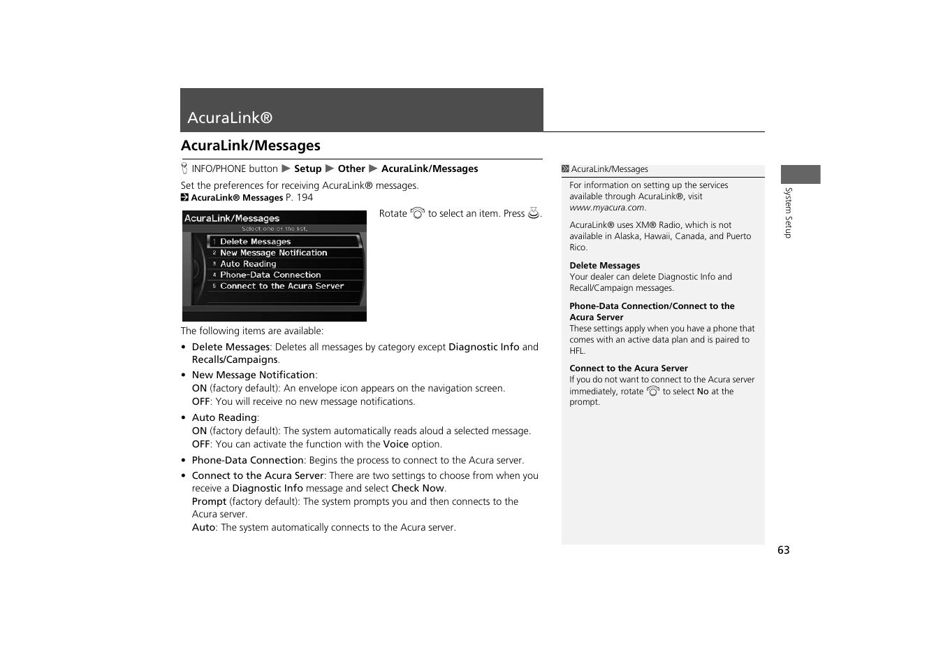 Acuralink® 63, Acuralink, Acuralink/messages | Acura 2014 TSX - Navigation Manual User Manual | Page 65 / 253