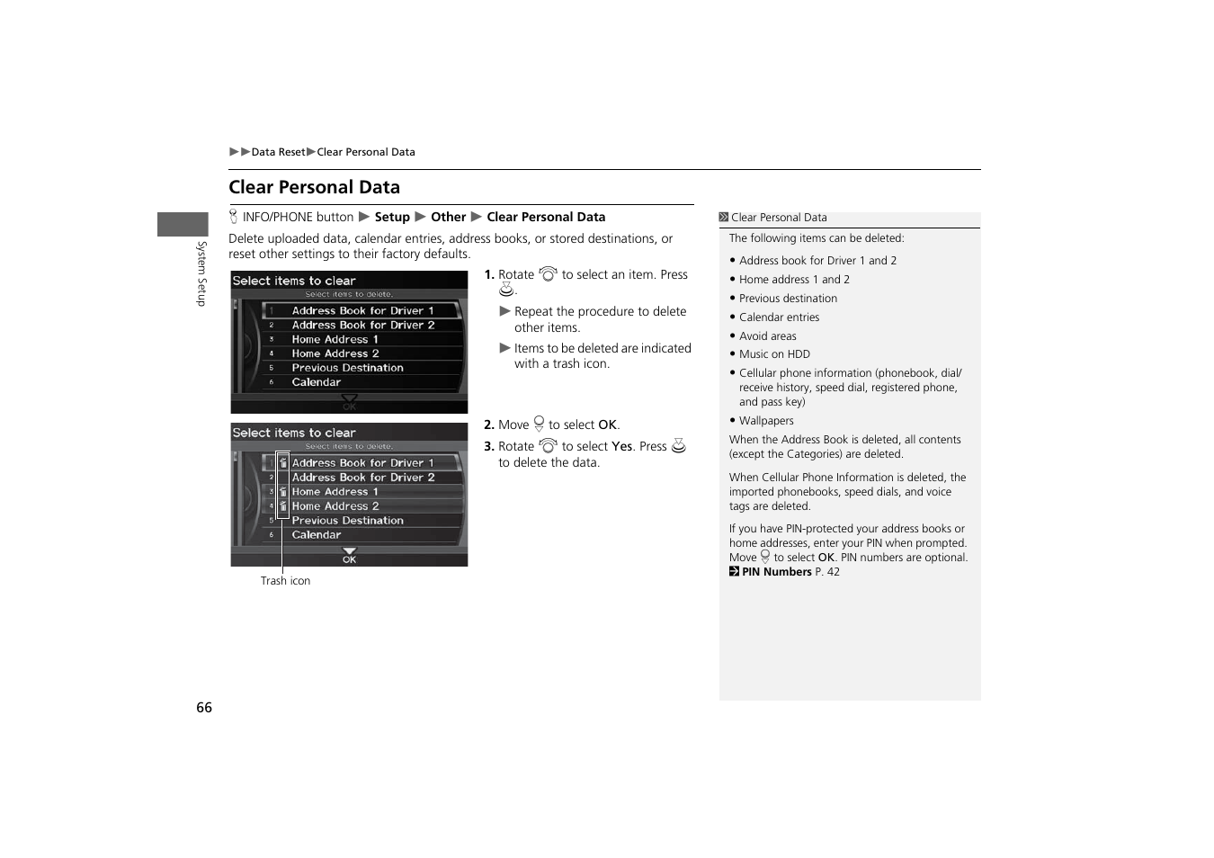 Clear personal data | Acura 2014 TSX - Navigation Manual User Manual | Page 68 / 253
