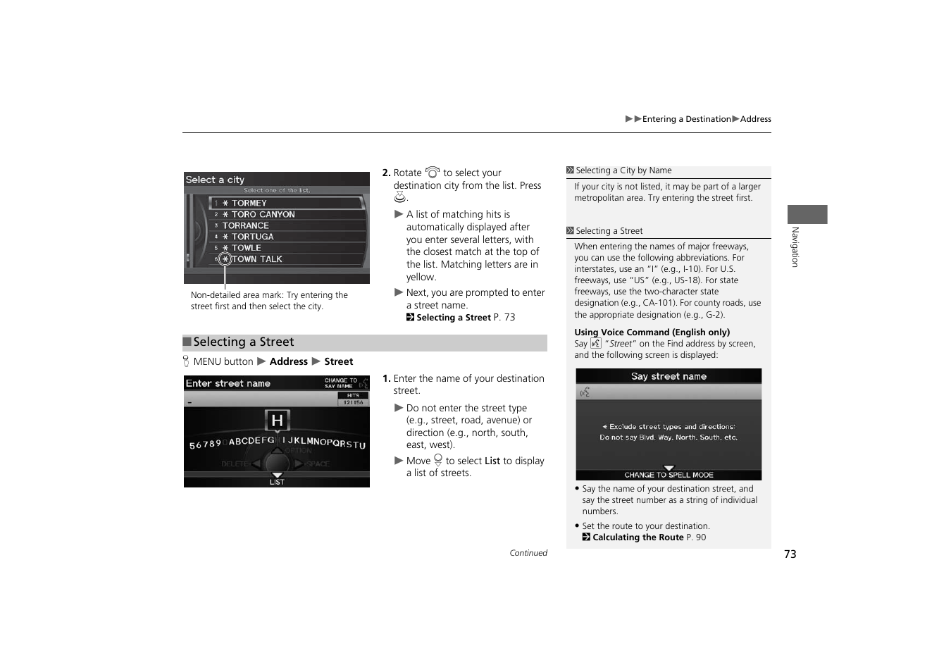 Reet, 2 selecting a street, P. 73 | Acura 2014 TSX - Navigation Manual User Manual | Page 75 / 253