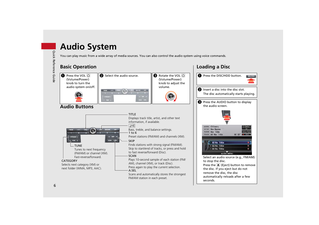 Sc slot, Audio system, Basic operation audio buttons | Loading a disc | Acura 2014 TSX - Navigation Manual User Manual | Page 8 / 253