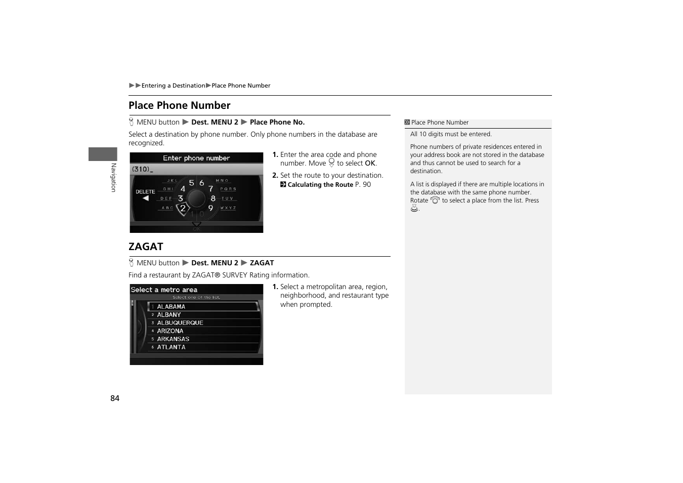 A place/landmark, 2 place phone number, P. 84 | Place phone number zagat, 2 zagat, 2 zagat p. 84, Place phone number, Zagat | Acura 2014 TSX - Navigation Manual User Manual | Page 86 / 253