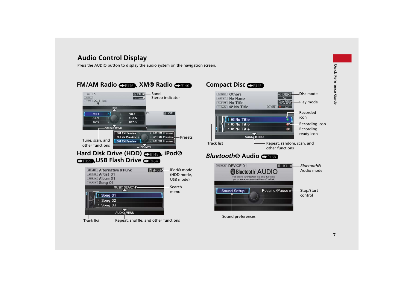 Audio control display, Fm/am ra dio, Xm® radio | Hard disk drive (hdd), Ipod, Usb flash drive, Compact disc, Bluetooth ® audio | Acura 2014 TSX - Navigation Manual User Manual | Page 9 / 253