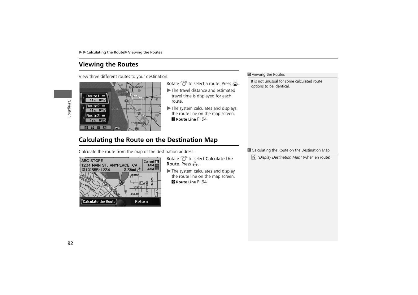 P92), 2 viewing the routes, P. 92 | Viewing the routes, Calculating the route on the destination map | Acura 2014 TSX - Navigation Manual User Manual | Page 94 / 253