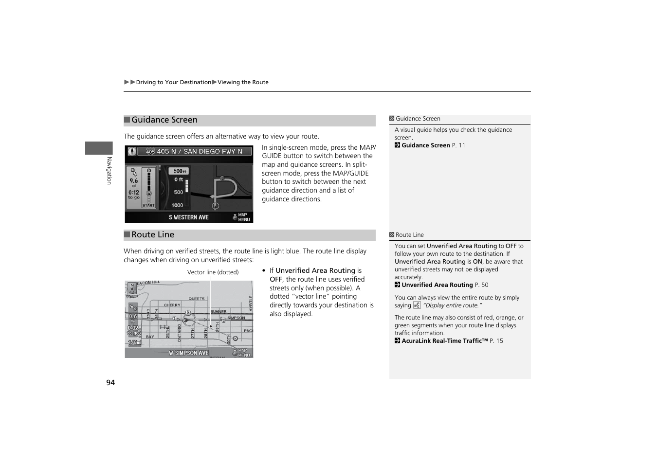 P94), P screen, 2 route line | P. 94 | Acura 2014 TSX - Navigation Manual User Manual | Page 96 / 253