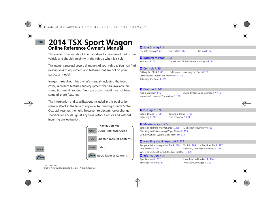 Acura 2014 TSX Sport Wagon - Owner's Manual User Manual | 331 pages