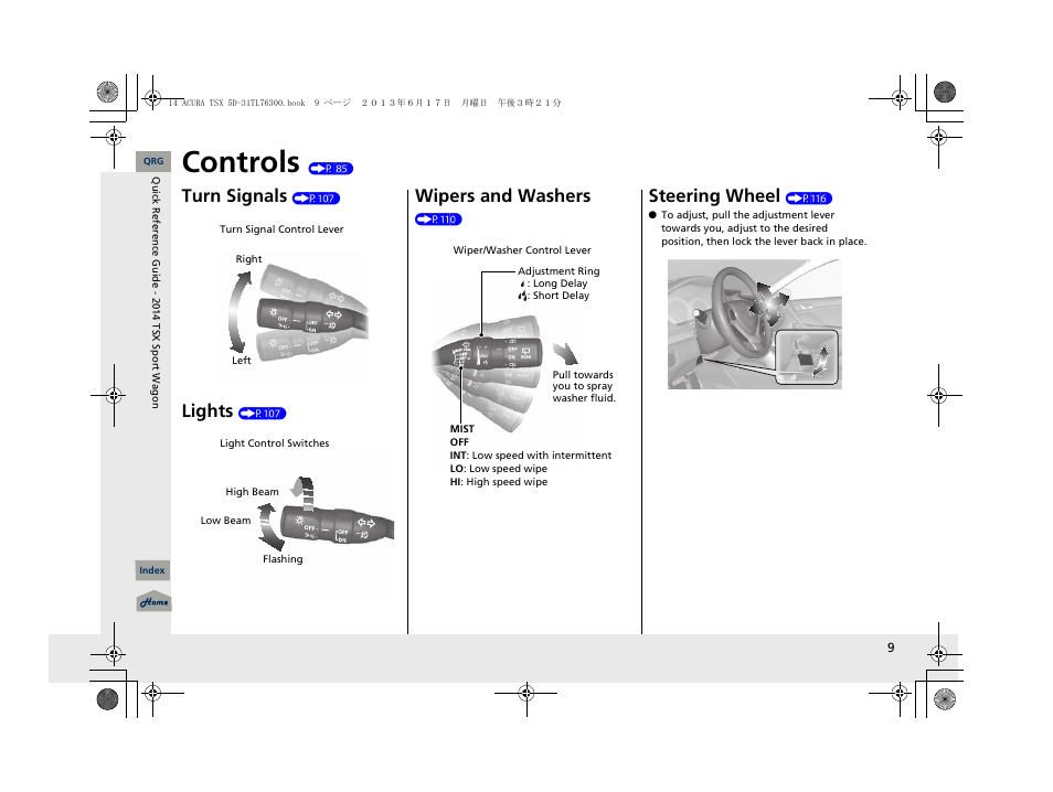 Controls, Turn signals, Lights | Wipers and washers, Steering wheel | Acura 2014 TSX Sport Wagon - Owner's Manual User Manual | Page 10 / 331