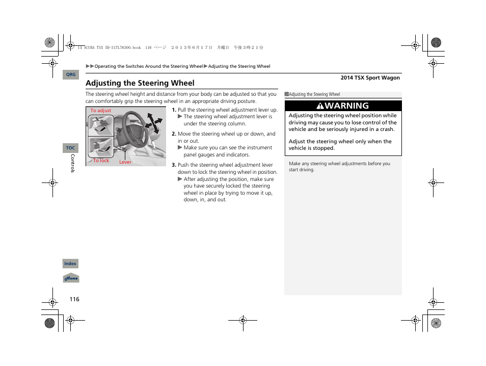 Warning, Adjusting the steering wheel | Acura 2014 TSX Sport Wagon - Owner's Manual User Manual | Page 117 / 331