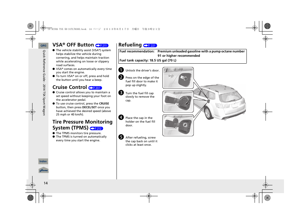 Vsa® off button, Cruise control, Tire pressure monitoring system (tpms) | Refueling | Acura 2014 TSX Sport Wagon - Owner's Manual User Manual | Page 15 / 331