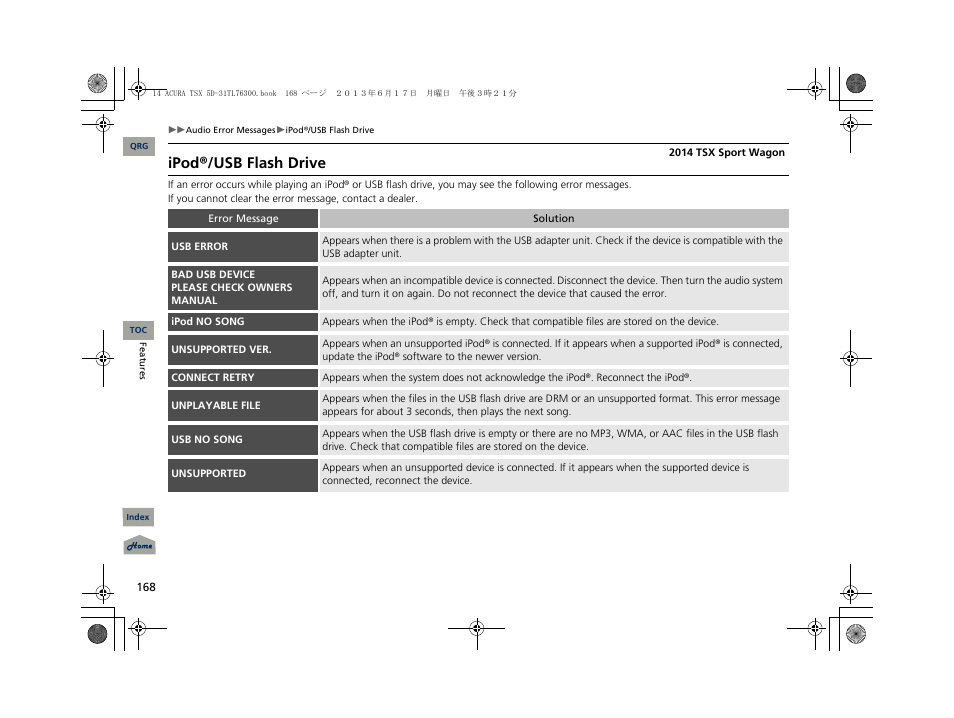 Ipod®/usb flash drive | Acura 2014 TSX Sport Wagon - Owner's Manual User Manual | Page 169 / 331