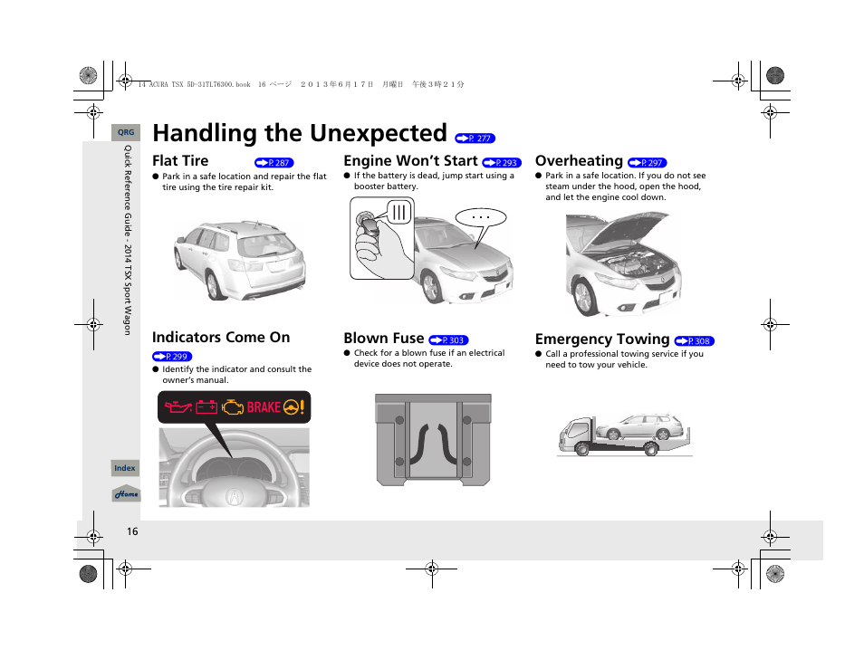 Handling the unexpected, Flat tire, Indicators come on | Engine won’t start, Blown fuse, Overheating, Emergency towing | Acura 2014 TSX Sport Wagon - Owner's Manual User Manual | Page 17 / 331