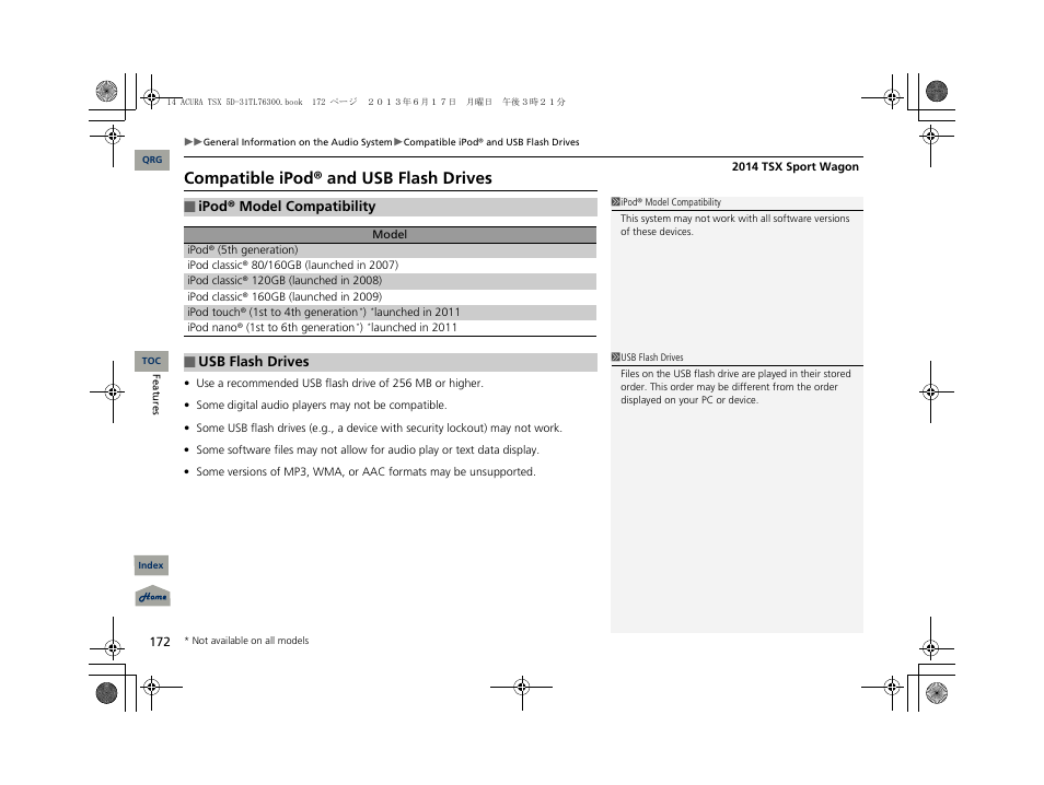 Compatible ipod® and usb flash drives | Acura 2014 TSX Sport Wagon - Owner's Manual User Manual | Page 173 / 331