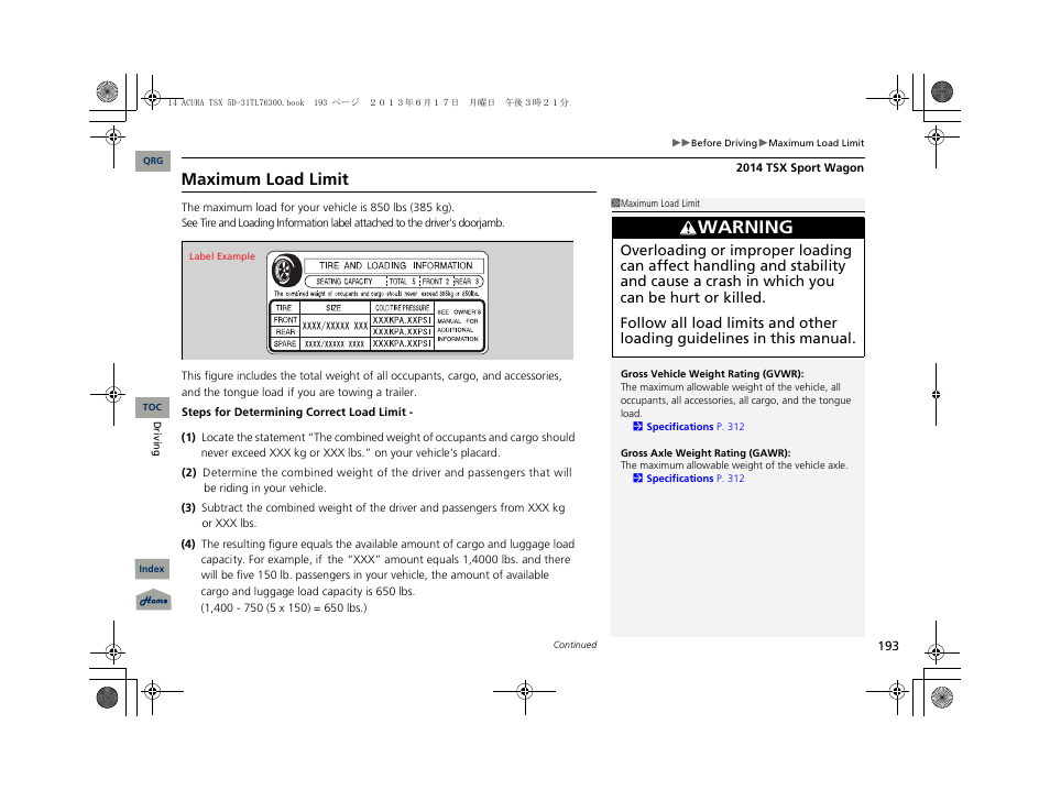 Warning, Maximum load limit | Acura 2014 TSX Sport Wagon - Owner's Manual User Manual | Page 194 / 331