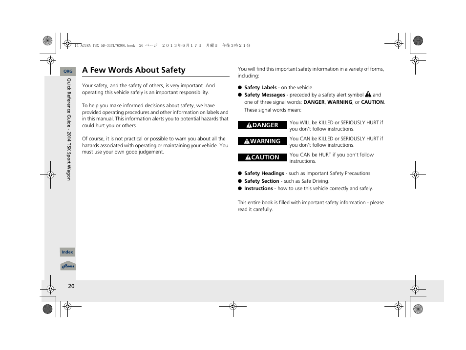 A few words about safety | Acura 2014 TSX Sport Wagon - Owner's Manual User Manual | Page 21 / 331