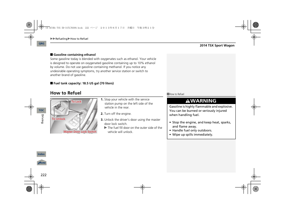 Warning, How to refuel | Acura 2014 TSX Sport Wagon - Owner's Manual User Manual | Page 223 / 331