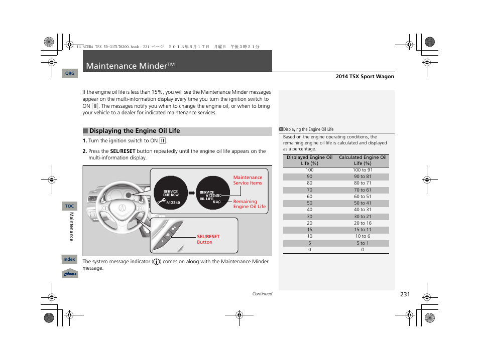 Maintenance minder | Acura 2014 TSX Sport Wagon - Owner's Manual User Manual | Page 232 / 331