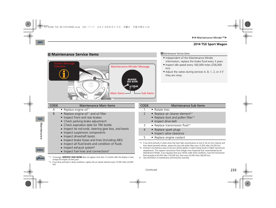 Maintenance service items | Acura 2014 TSX Sport Wagon - Owner's Manual User Manual | Page 234 / 331