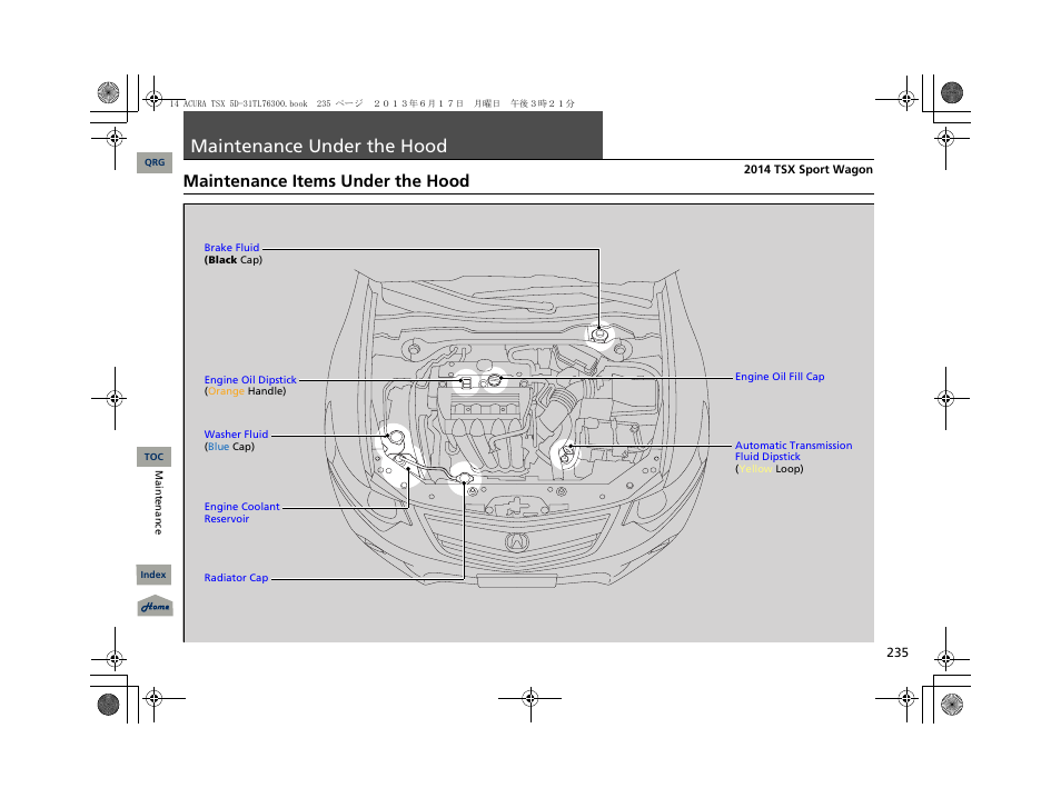 Maintenance under the hood, Maintenance items under the hood | Acura 2014 TSX Sport Wagon - Owner's Manual User Manual | Page 236 / 331