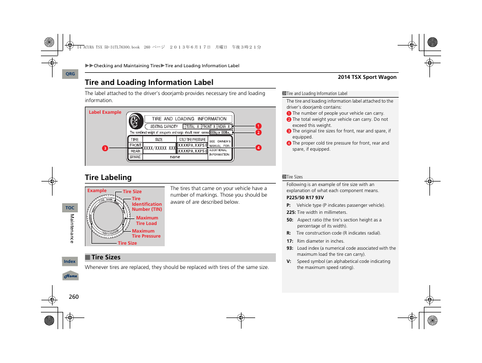 Tire and loading information label, Tire labeling | Acura 2014 TSX Sport Wagon - Owner's Manual User Manual | Page 261 / 331