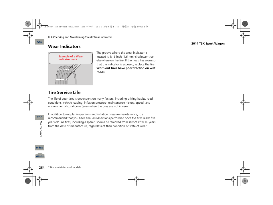 Wear indicators, Tire service life | Acura 2014 TSX Sport Wagon - Owner's Manual User Manual | Page 265 / 331