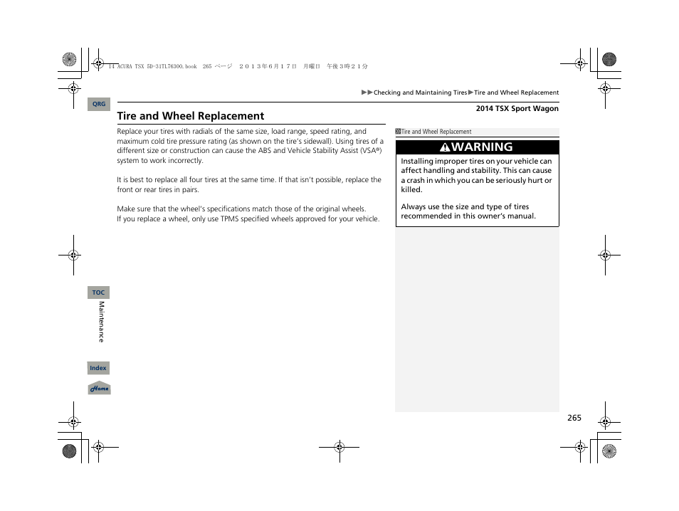 Warning, Tire and wheel replacement | Acura 2014 TSX Sport Wagon - Owner's Manual User Manual | Page 266 / 331