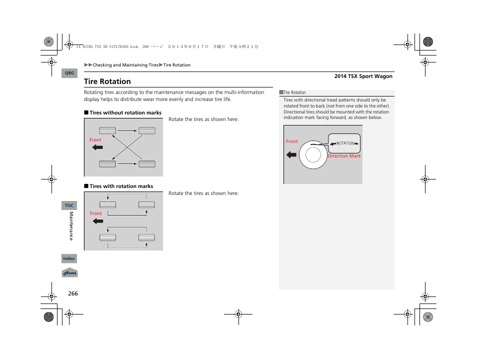 Tire rotation | Acura 2014 TSX Sport Wagon - Owner's Manual User Manual | Page 267 / 331