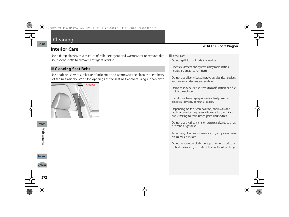 Cleaning, Interior care | Acura 2014 TSX Sport Wagon - Owner's Manual User Manual | Page 273 / 331