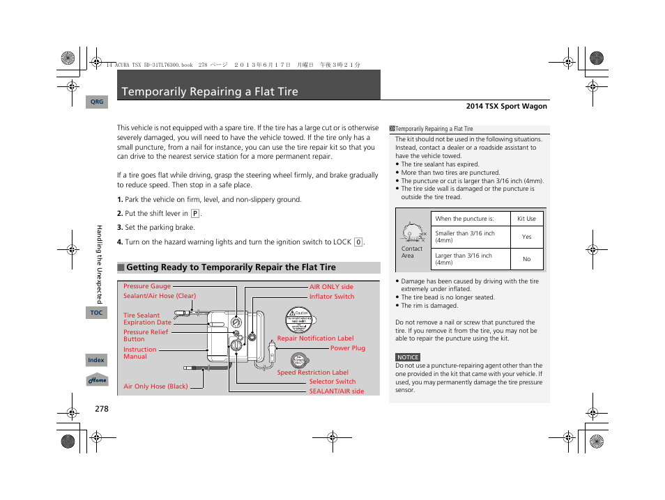 Temporarily repairing a flat tire | Acura 2014 TSX Sport Wagon - Owner's Manual User Manual | Page 279 / 331