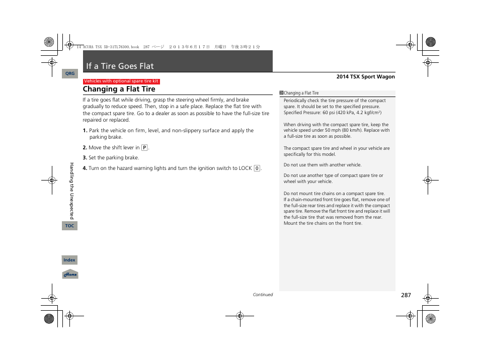 If a tire goes flat, Changing a flat tire | Acura 2014 TSX Sport Wagon - Owner's Manual User Manual | Page 288 / 331