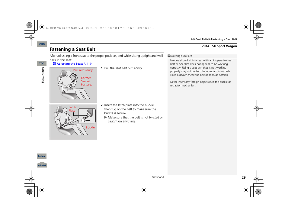 Fastening a seat belt | Acura 2014 TSX Sport Wagon - Owner's Manual User Manual | Page 30 / 331