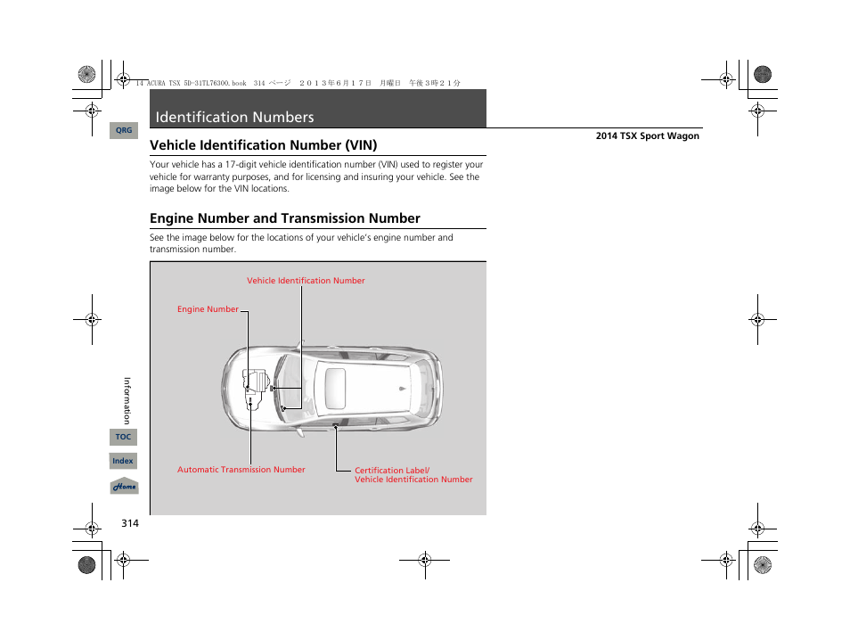 Identification numbers, Vehicle identification number (vin), Engine number and transmission number | Acura 2014 TSX Sport Wagon - Owner's Manual User Manual | Page 315 / 331