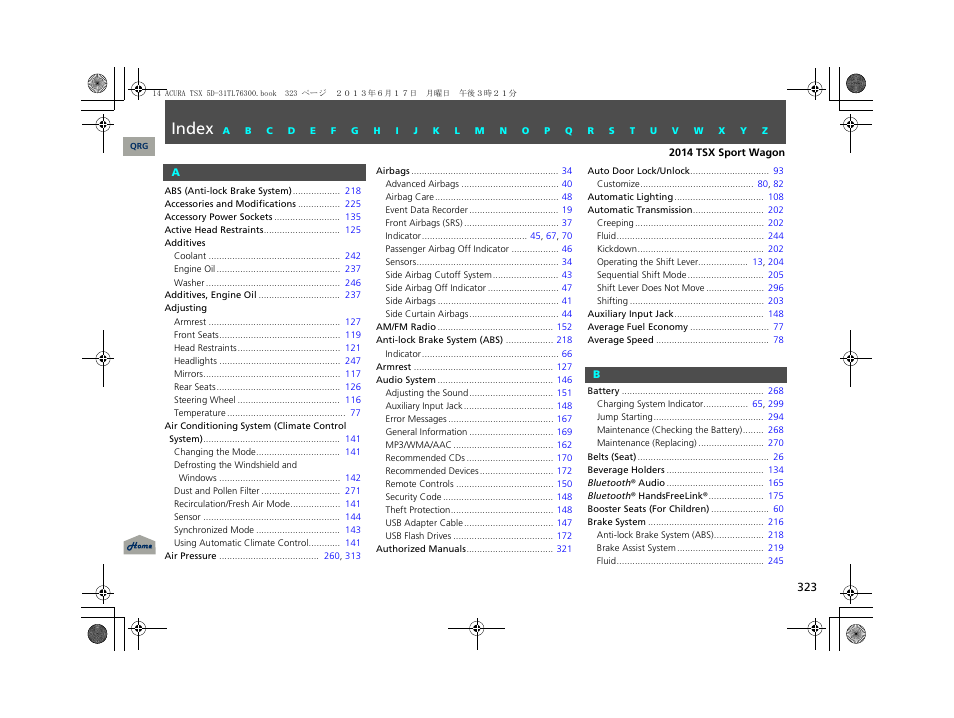 Index | Acura 2014 TSX Sport Wagon - Owner's Manual User Manual | Page 324 / 331