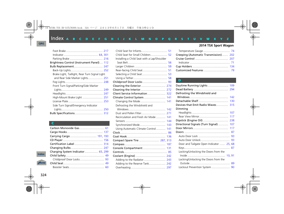 Index | Acura 2014 TSX Sport Wagon - Owner's Manual User Manual | Page 325 / 331