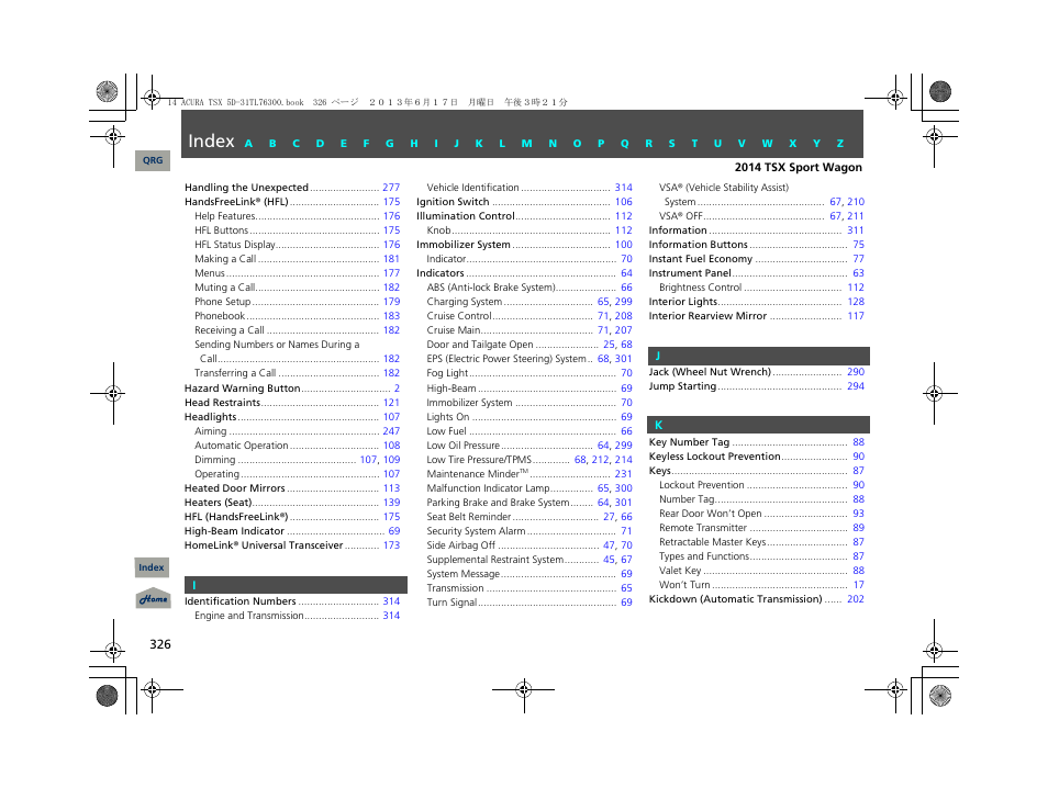 Index | Acura 2014 TSX Sport Wagon - Owner's Manual User Manual | Page 327 / 331