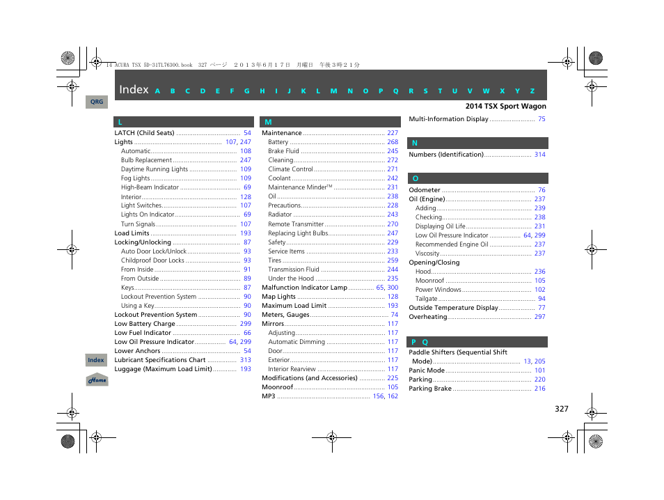 Index | Acura 2014 TSX Sport Wagon - Owner's Manual User Manual | Page 328 / 331