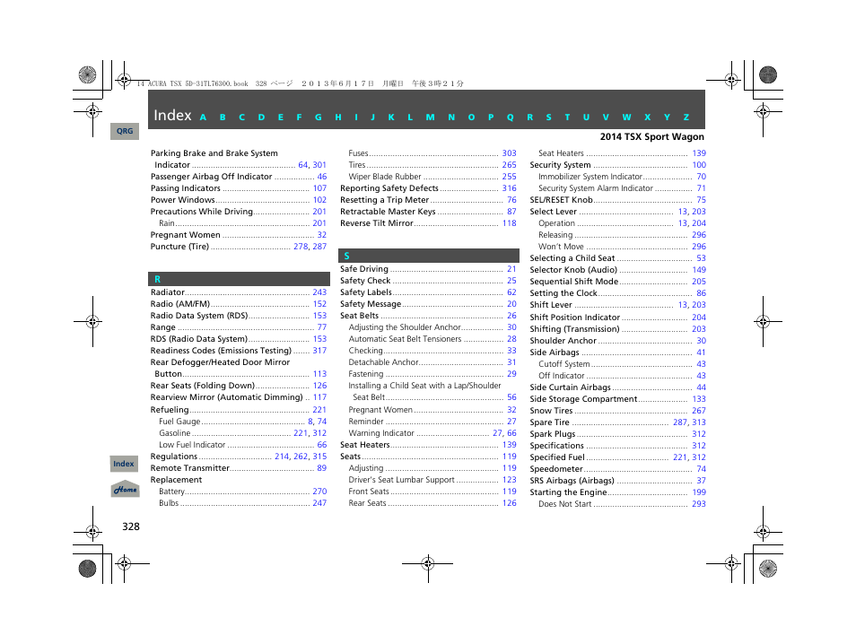 Index | Acura 2014 TSX Sport Wagon - Owner's Manual User Manual | Page 329 / 331