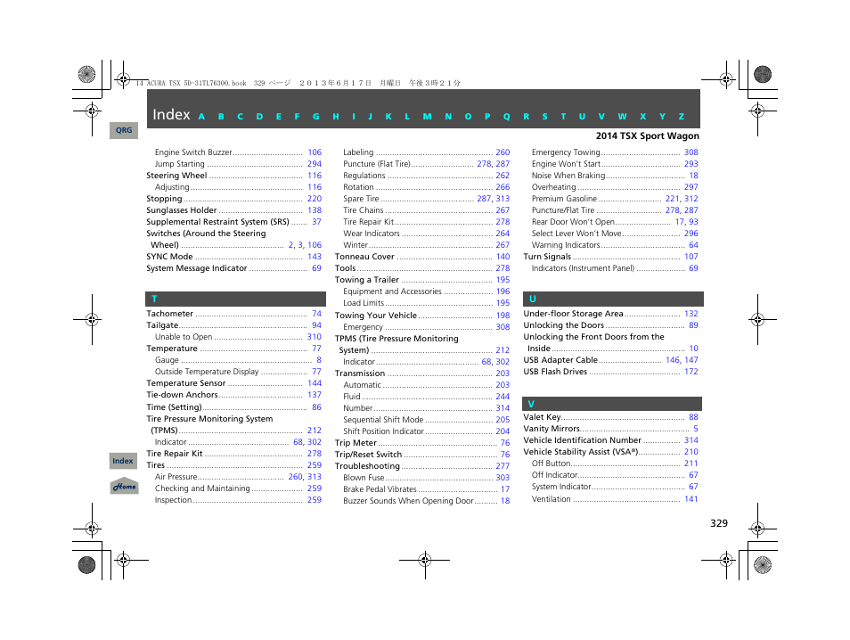 Index | Acura 2014 TSX Sport Wagon - Owner's Manual User Manual | Page 330 / 331