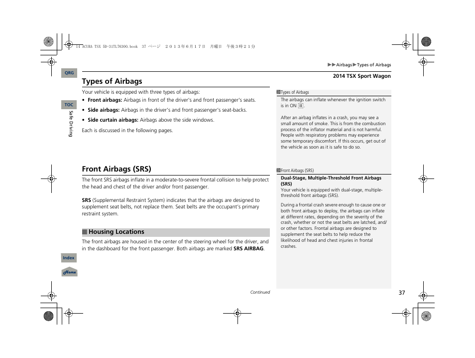 Types of airbags, Front airbags (srs) | Acura 2014 TSX Sport Wagon - Owner's Manual User Manual | Page 38 / 331