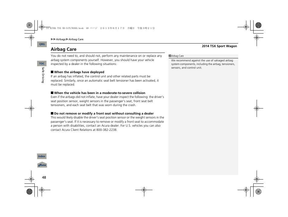 Airbag care | Acura 2014 TSX Sport Wagon - Owner's Manual User Manual | Page 49 / 331