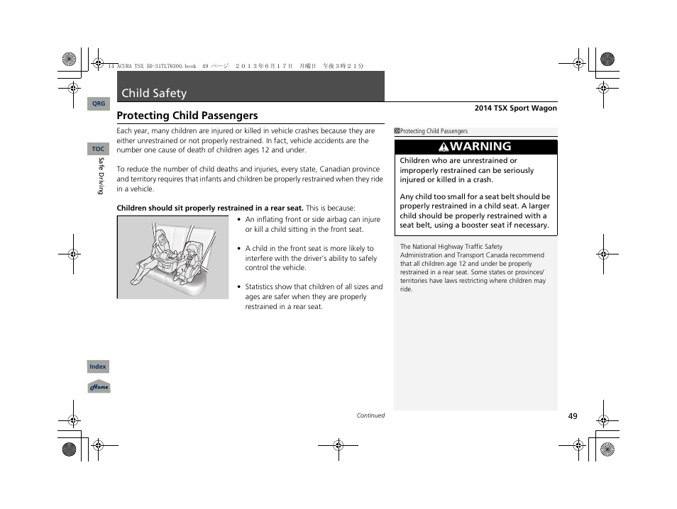 Child safety, Warning, Protecting child passengers | Acura 2014 TSX Sport Wagon - Owner's Manual User Manual | Page 50 / 331