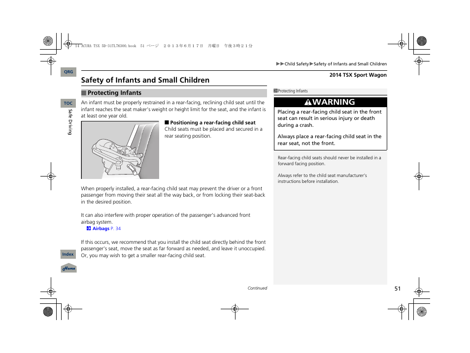 Warning, Safety of infants and small children | Acura 2014 TSX Sport Wagon - Owner's Manual User Manual | Page 52 / 331