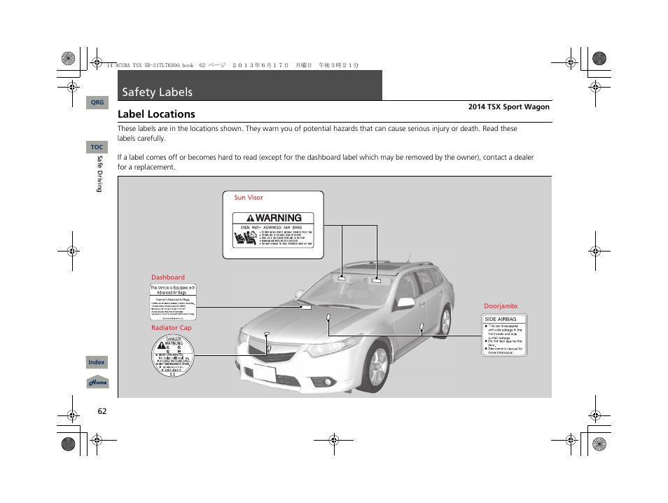 Safety labels, Label locations | Acura 2014 TSX Sport Wagon - Owner's Manual User Manual | Page 63 / 331