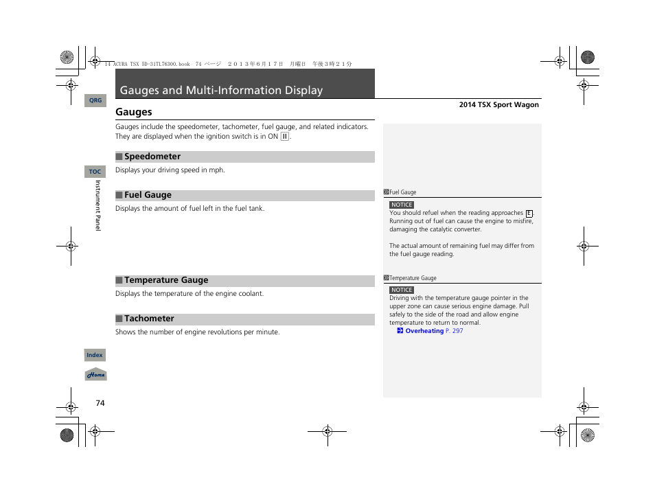 Gauges and multi-information display, Gauges | Acura 2014 TSX Sport Wagon - Owner's Manual User Manual | Page 75 / 331