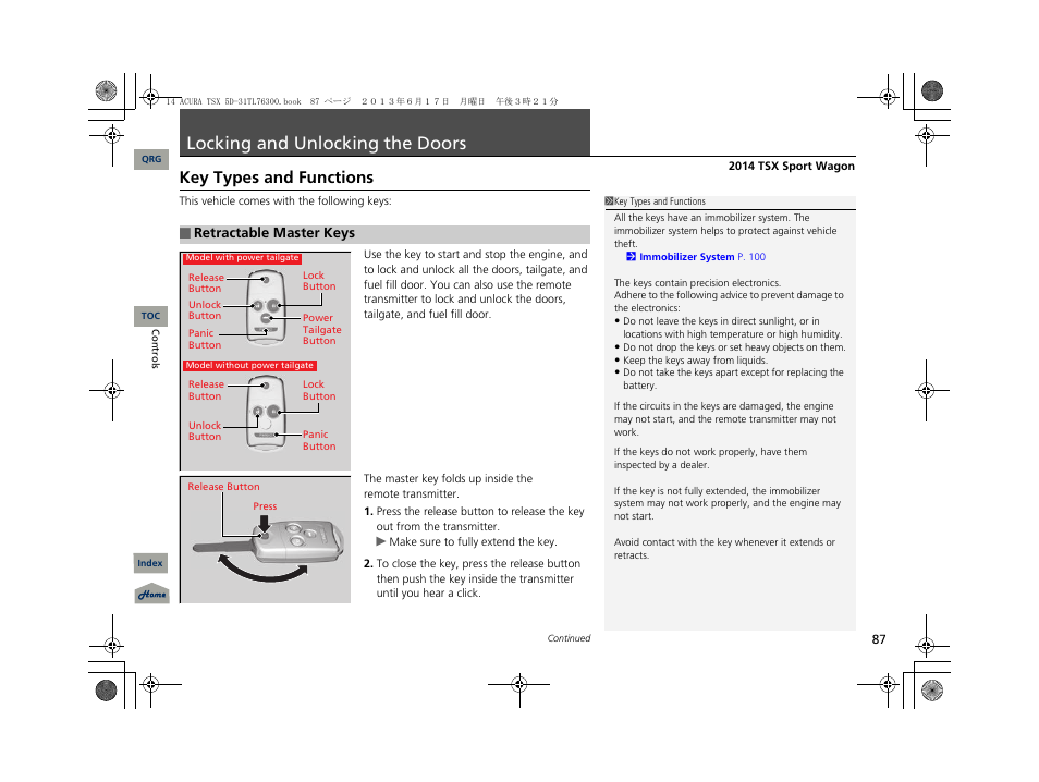 Locking and unlocking the doors, Key types and functions | Acura 2014 TSX Sport Wagon - Owner's Manual User Manual | Page 88 / 331