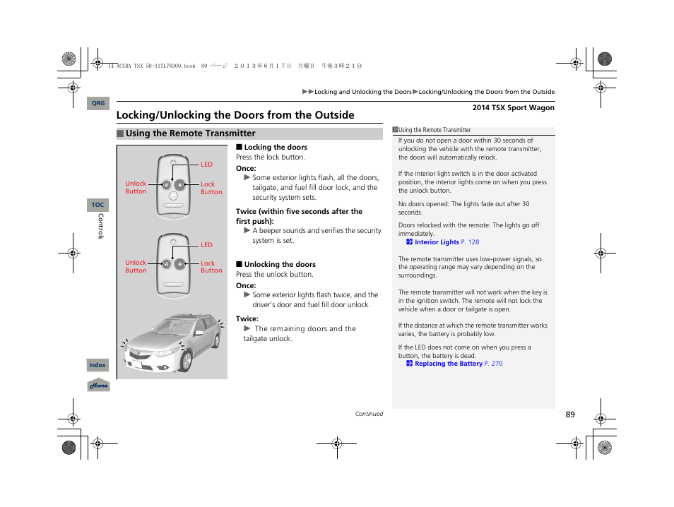 Locking/unlocking the doors from the outside | Acura 2014 TSX Sport Wagon - Owner's Manual User Manual | Page 90 / 331