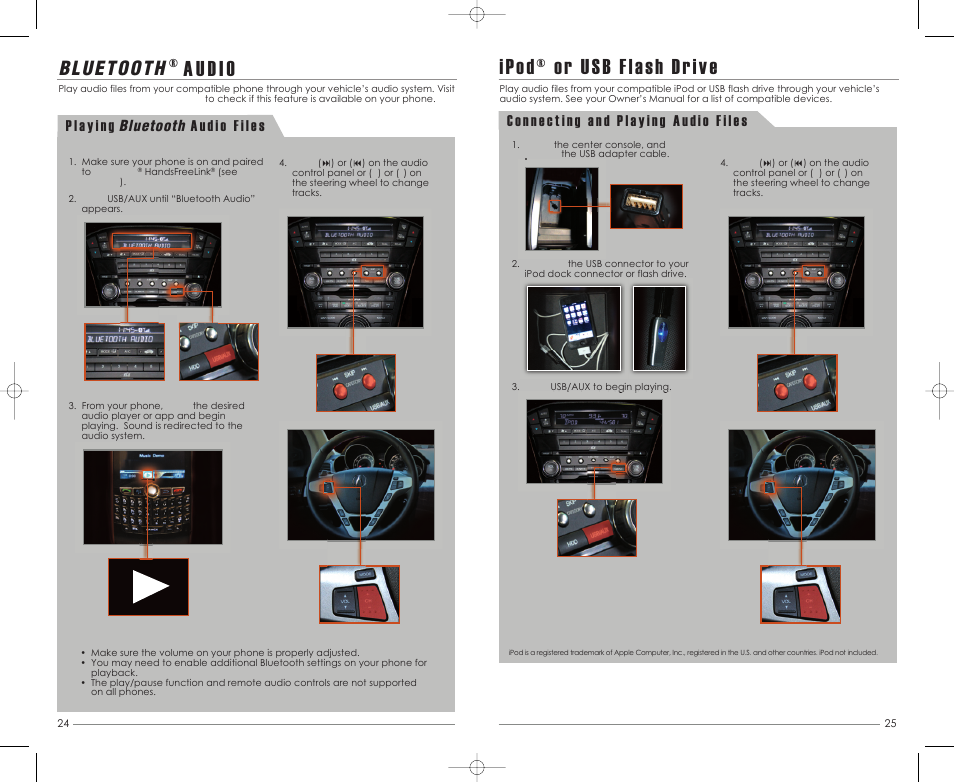 P. 24, Au dio, Ipod® or usb flash drive | Bluetooth | Acura 2013 MDX - Advanced Technology Guide (Tech) User Manual | Page 14 / 20