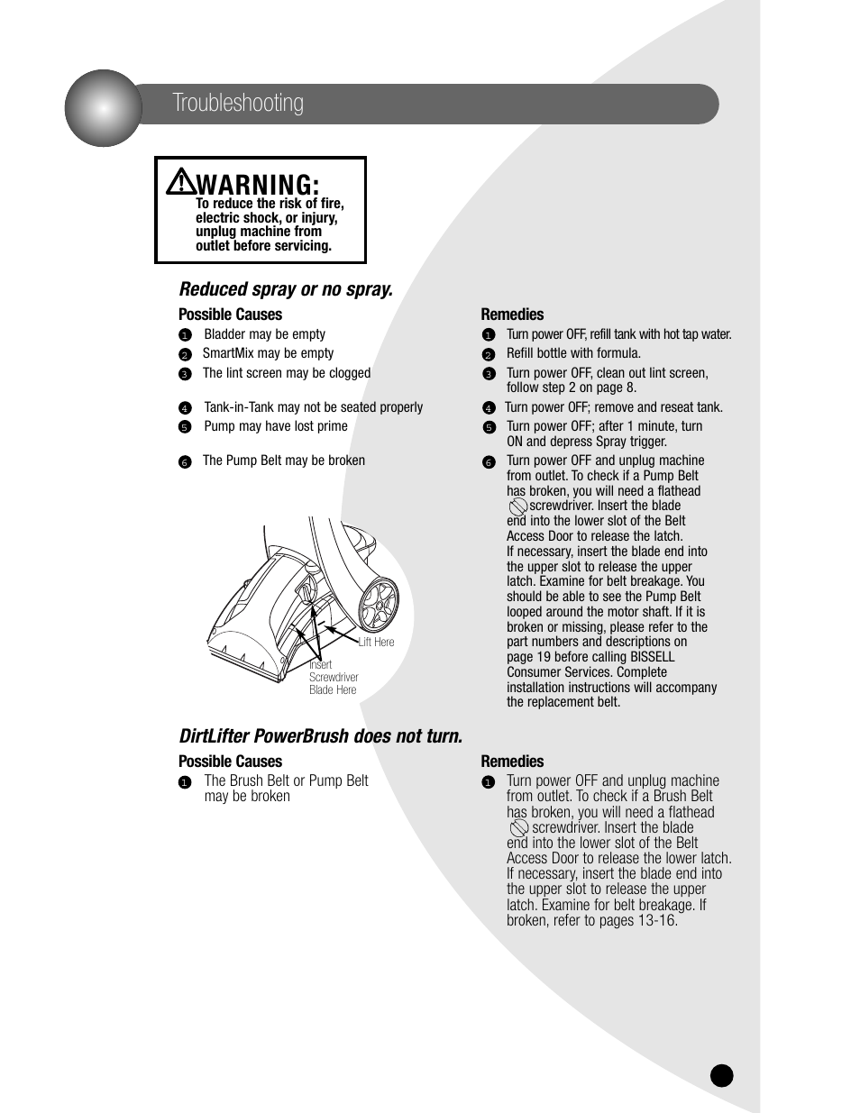 Warning, Troubleshooting, Reduced spray or no spray | Dirtlifter powerbrush does not turn | Bissell 1620 User Manual | Page 17 / 20