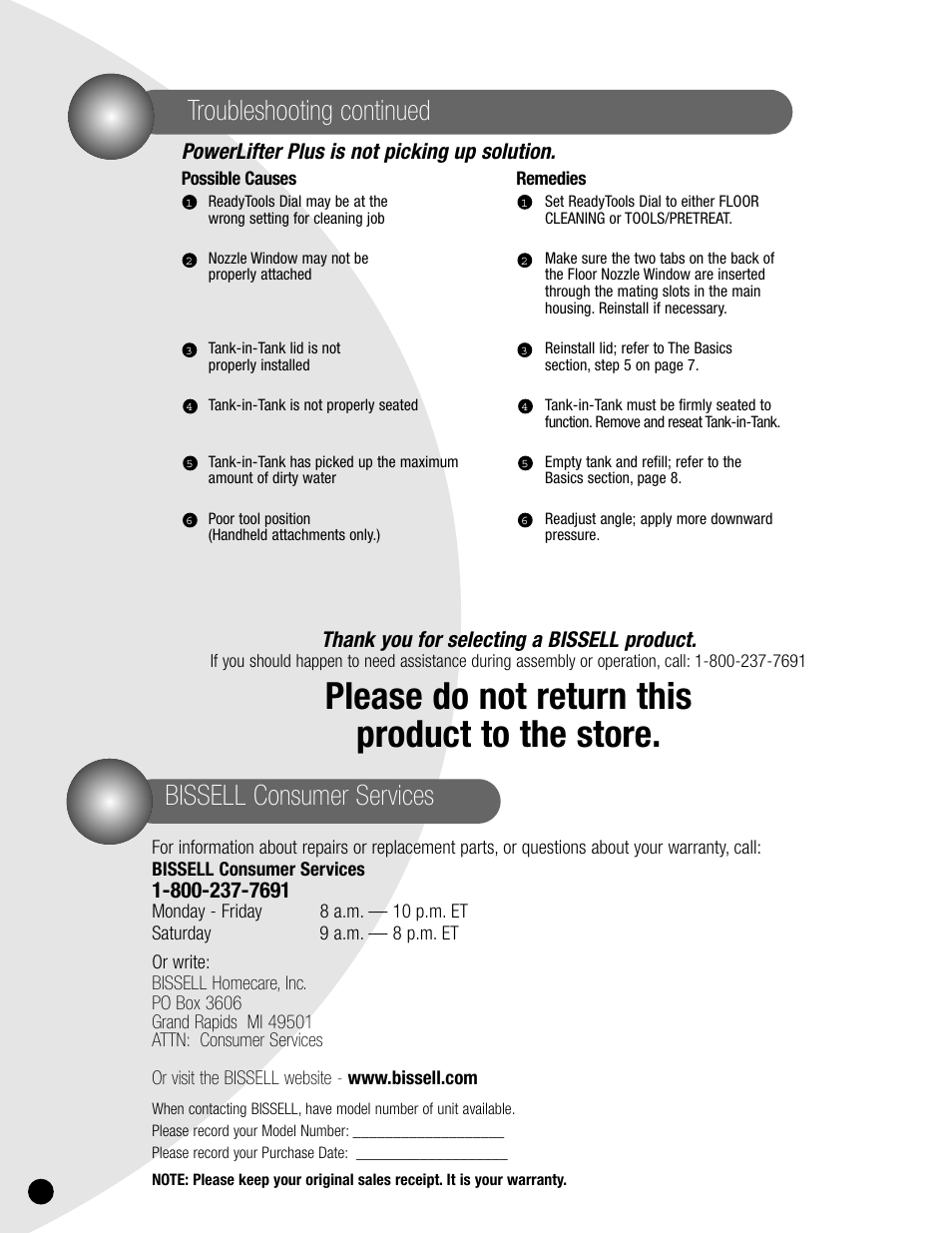 Please do not return this product to the store, Bissell consumer services, Troubleshooting continued | Powerlifter plus is not picking up solution | Bissell 1620 User Manual | Page 18 / 20