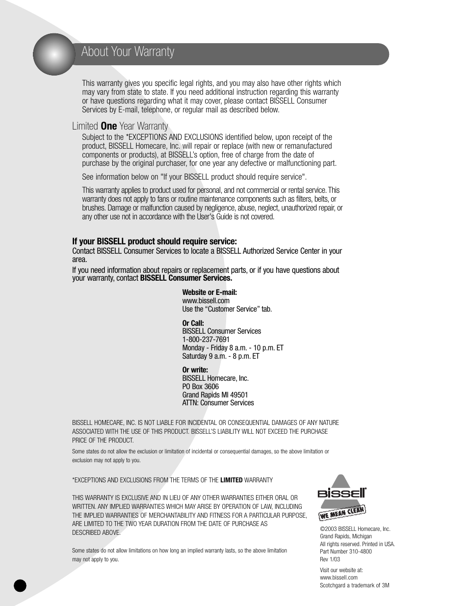 About your warranty, Limited one year warranty | Bissell 1620 User Manual | Page 20 / 20
